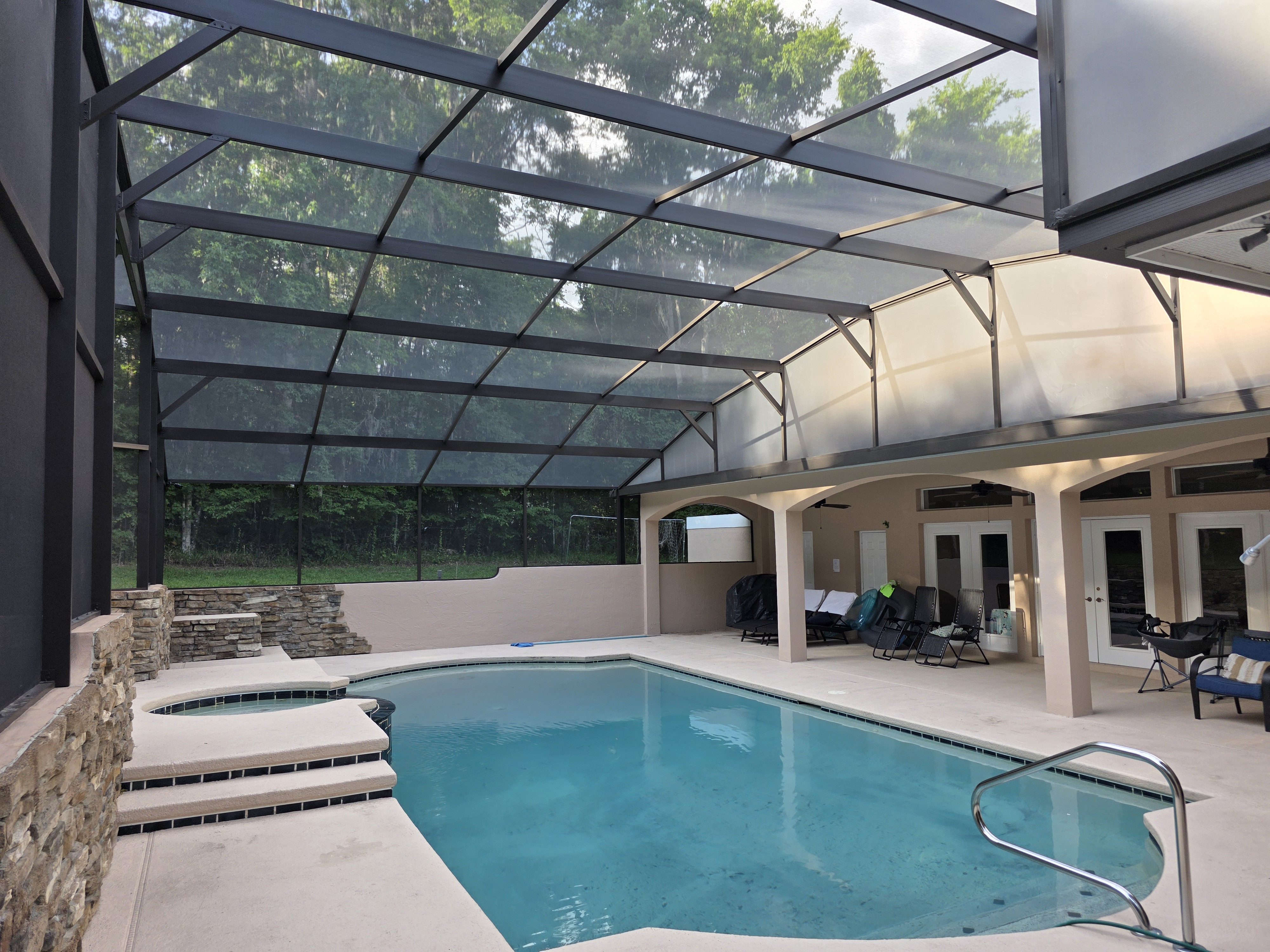 Screening Dunrite pool cage or lanai project photo — What to Do After a Storm Damages Your Pool Screen Enclosure